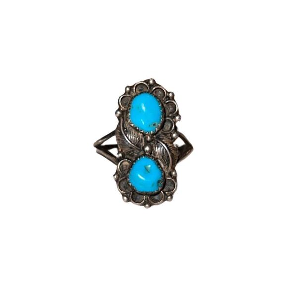 Vintage Navajo Turquoise & Sterling Silver Double Decker Ring - Picture 2 of 14